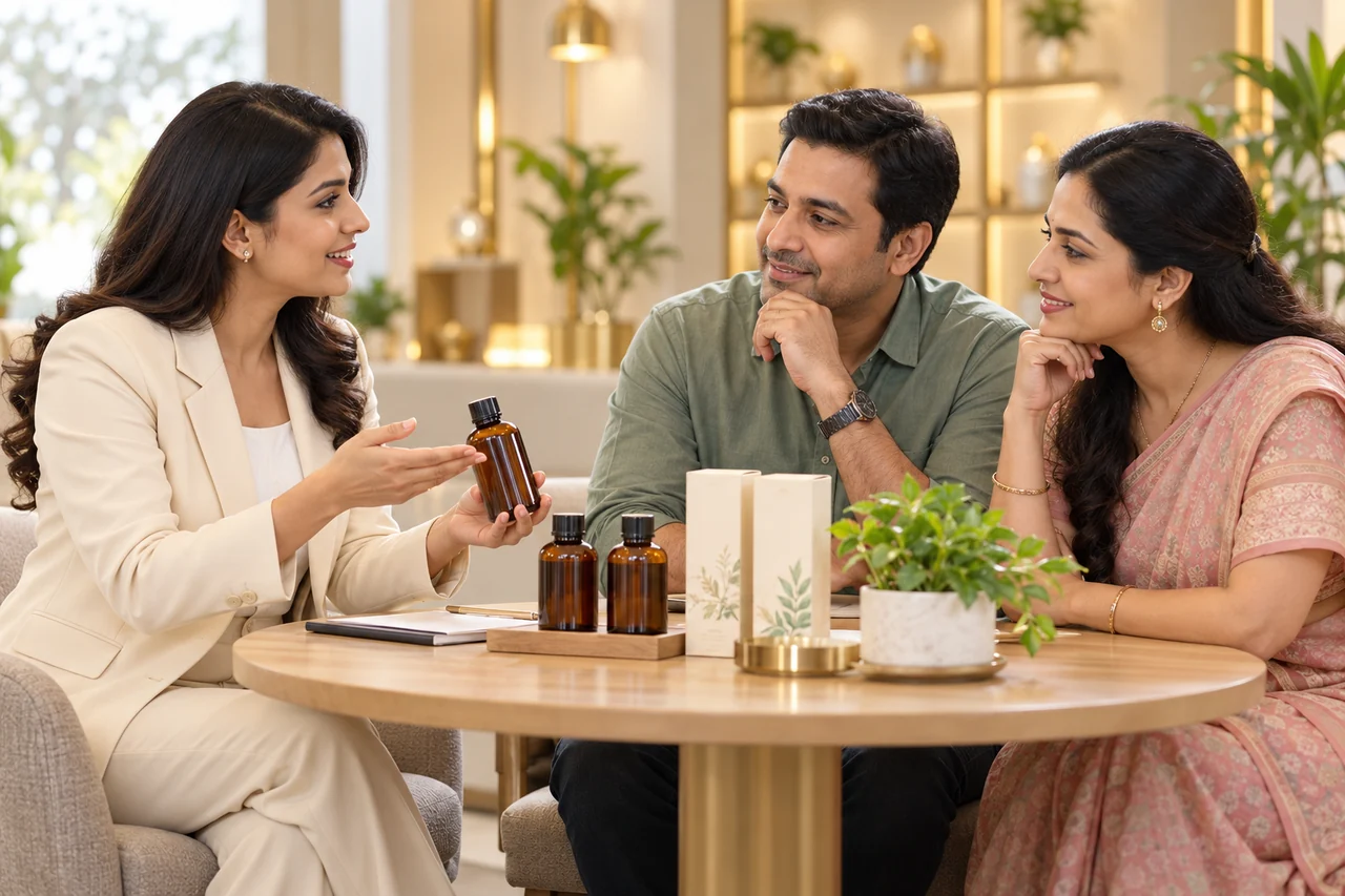 Illustrative wellness product advisor explaining products to a family
